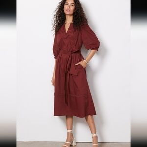 NWT Evereve Evelyn Midi Dress Small Split Neck Balloon Sleeve Lace Insets Cotton